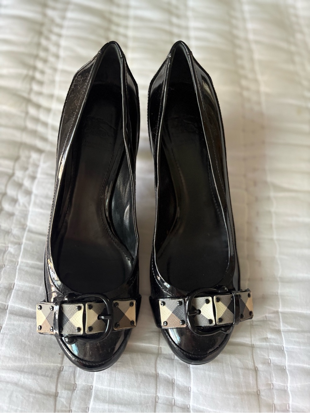 Burberry Black Patent Leather Heels with Signature Nova Check Buckle w/ Bag